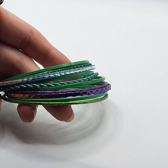 Lot of 10 Mermaidcore Blue Green and Iridescent Bangle Bracelets - Picture 1 of 5